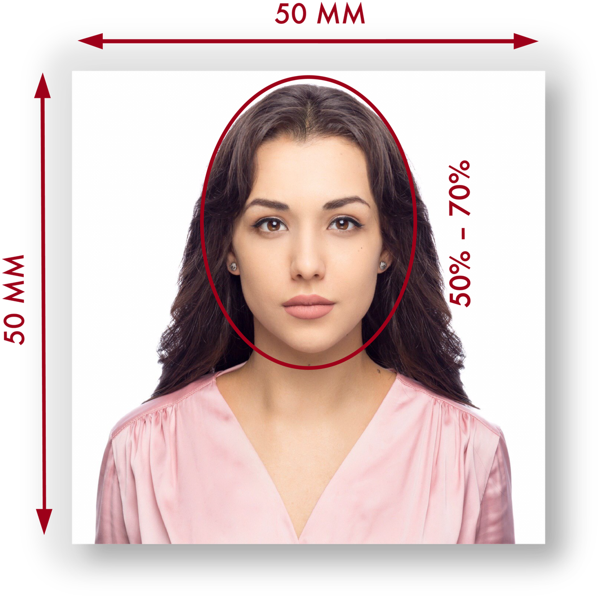 Square 5 × 5 cm, head occupies 50–70 % of the height