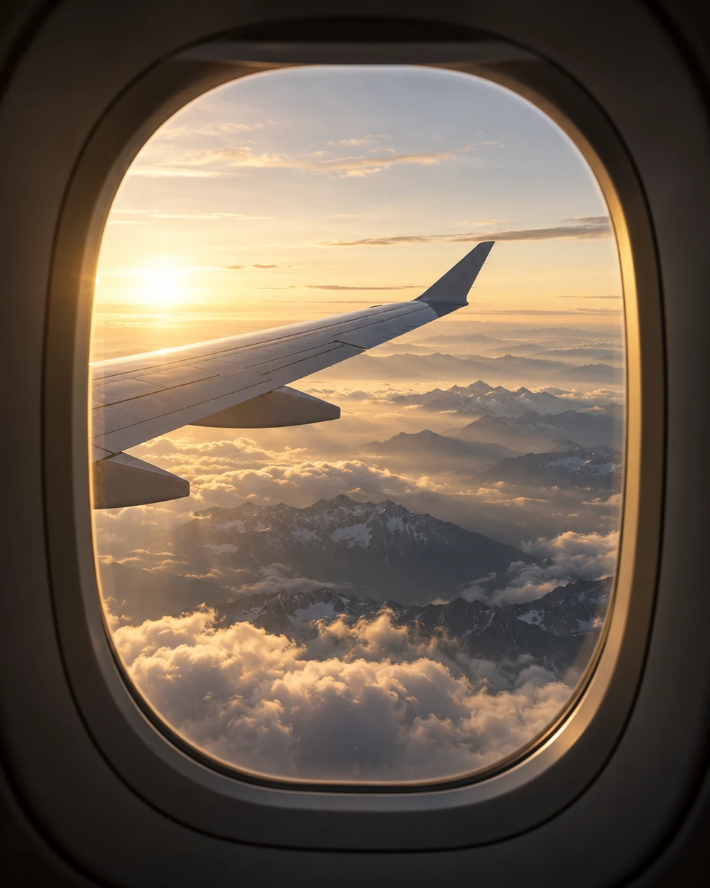 Airplane wing above clouds and mountain peaks in the light of dawn